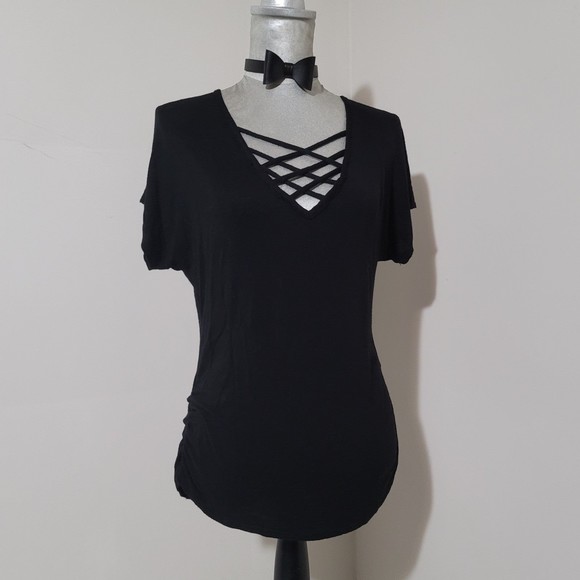 Vintage y2k sexy Say Anything lattice crisscross strap v neck top ruched black M - Picture 2 of 9